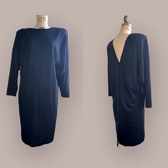 Vintage 80s/90s Black L.A. Passion button down V back jersey dress Size 14 - Picture 1 of 11